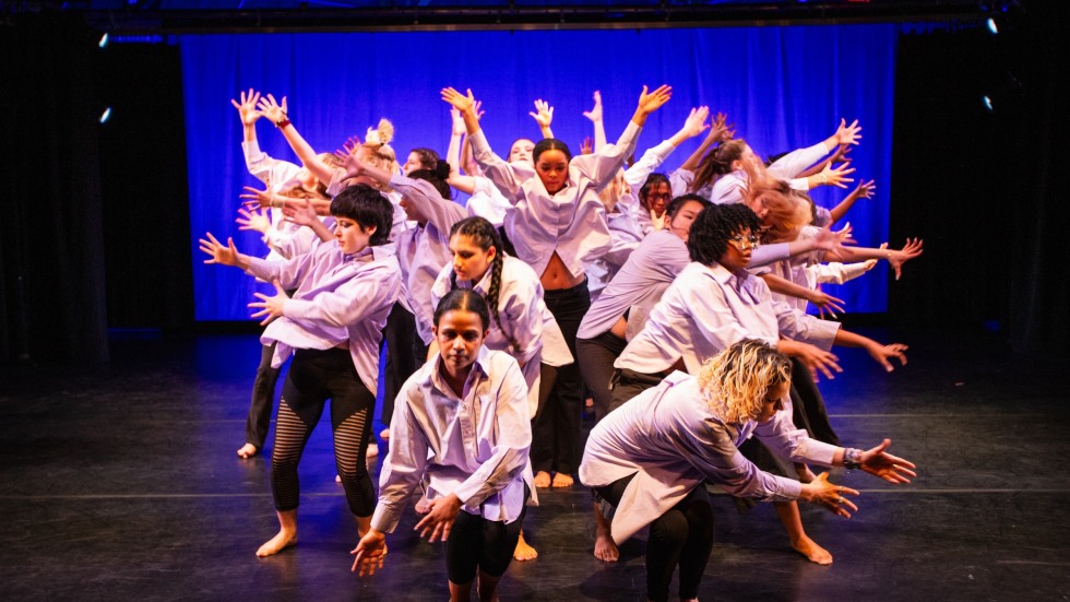 A large group of dancers creating a silhouette with their hands outstretched in various directions.