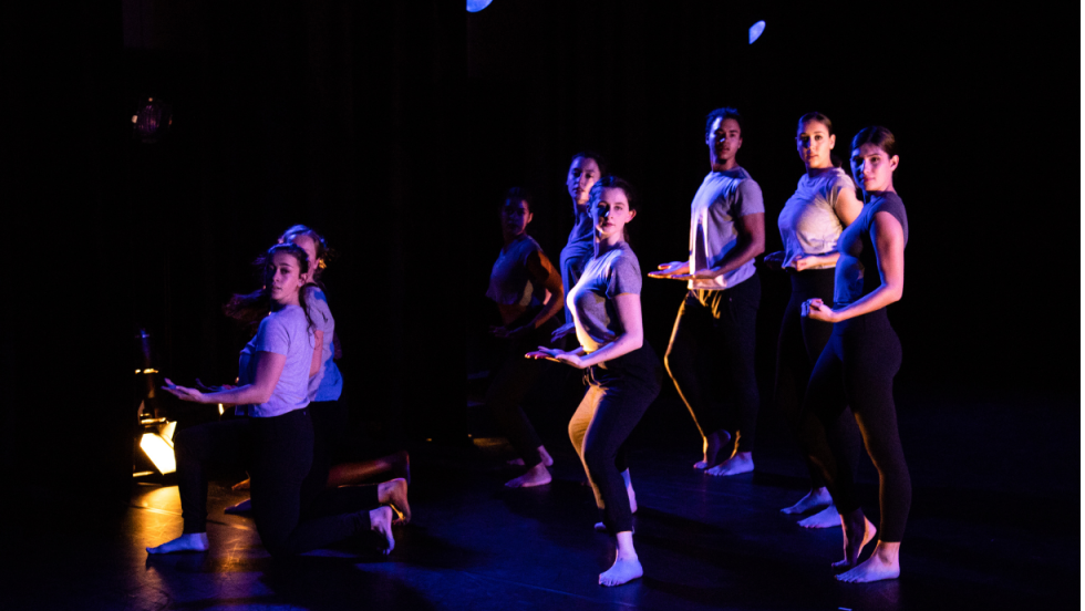 A group of female dancers in a flock, knees slightly bent looking sideways at the audience. 