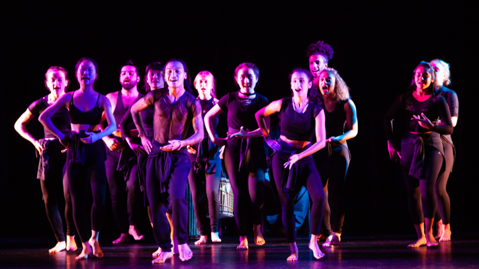 A group of dancers dancing  in a flock facing the audience 