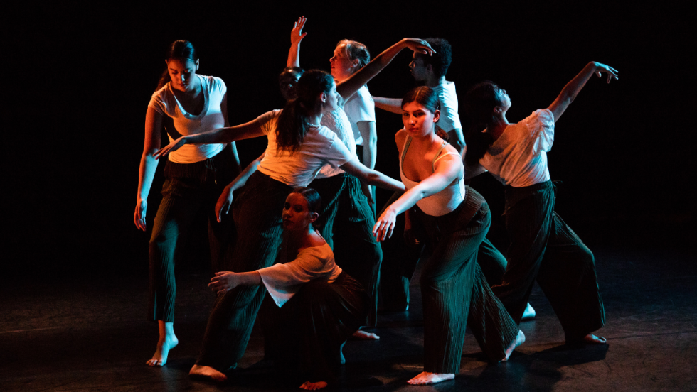 A group of dancers in a flock with arms outstretched in different directions.